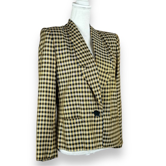 Vintage Kasper for ASL Black & Yellow Plaid Blazer Shoulder Pads Clueless Cher - Picture 2 of 9